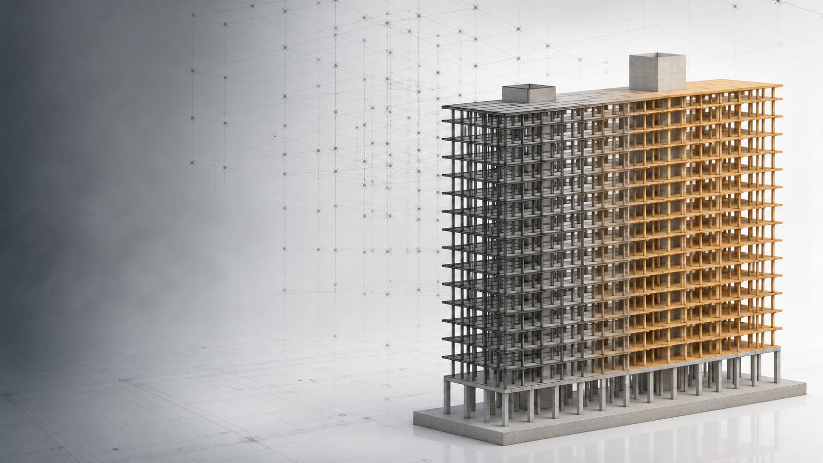 Building model transitioning from steel-and-concrete structure into mass-timber construction
